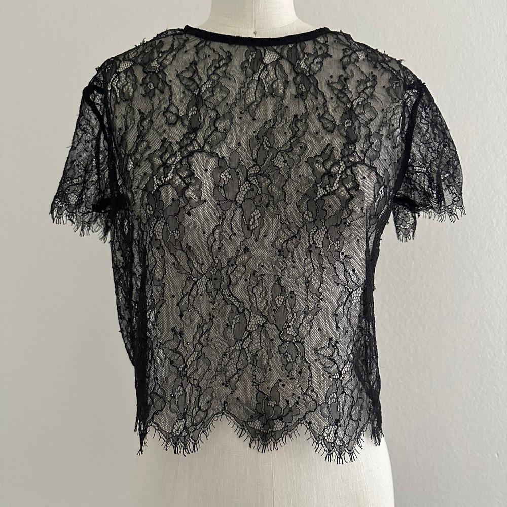 Bershka Sheer Lace Top Women M Black Beaded Keyhole Back Eyelash Trim Cropped
